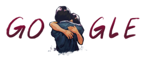 Illustration of two people hugging in between Google logo