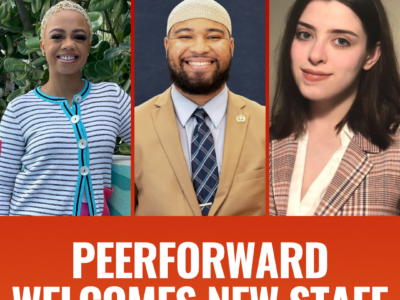 Picture of new staff members that reads PeerForward welcomes new staff