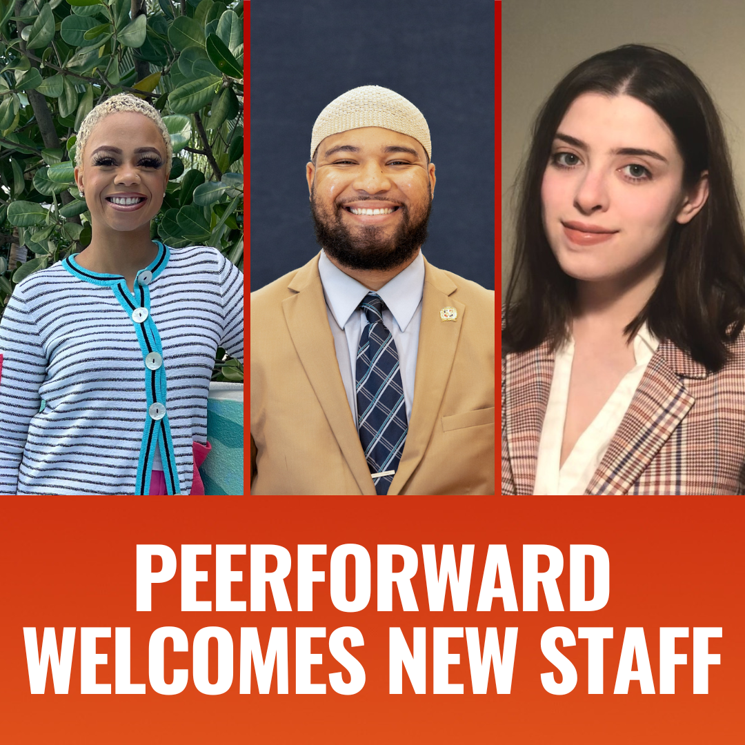 Picture of new staff members that reads PeerForward welcomes new staff